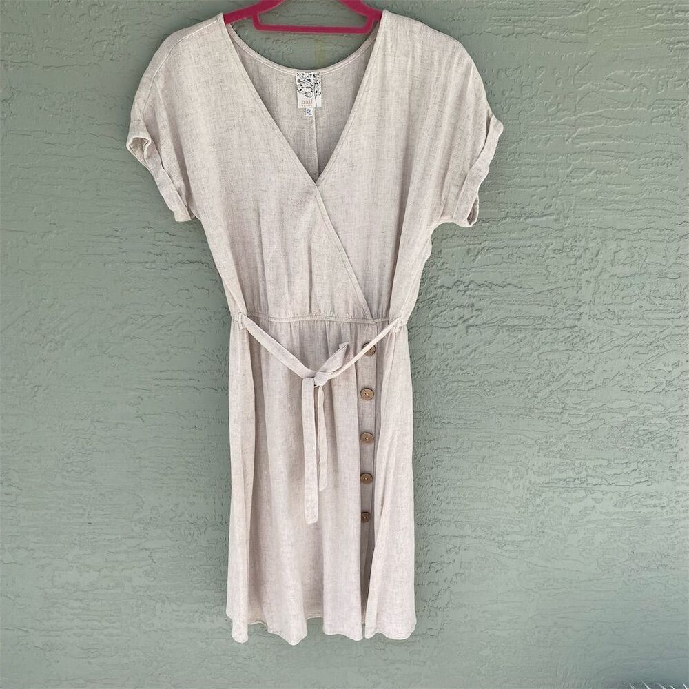 Naïf Petite Women's Beige Wrap Dress PXS Knee Length Short Sleeve
